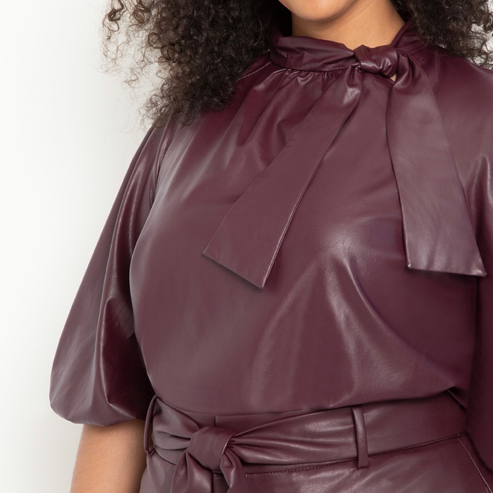 Faux Leather Bow Blouse with Puff Sleeve